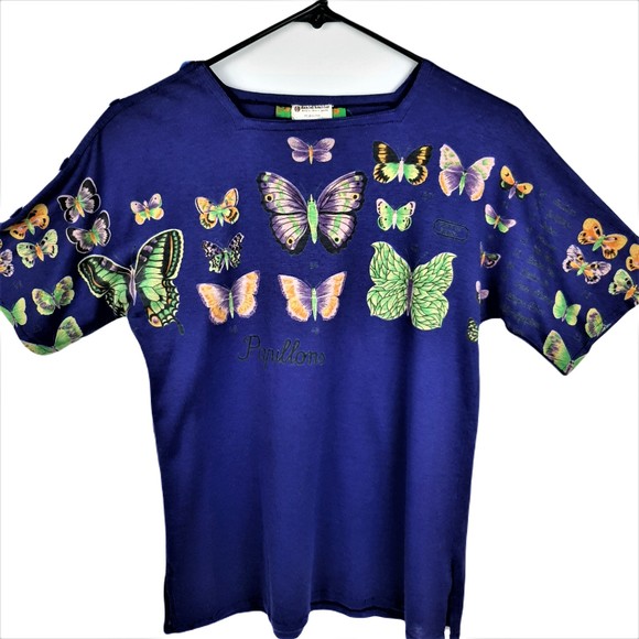 Vintage 1980 Daniel Hechter Blue Butterfly Papillons T-Shirt Paris Womens Medium - Picture 1 of 16
